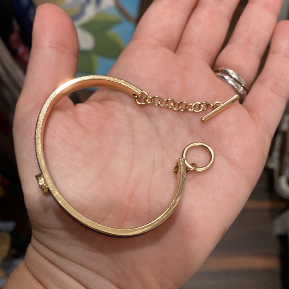 Gold and blue enamel BCBG cuff bracelet with loop closure - Picture 3 of 5